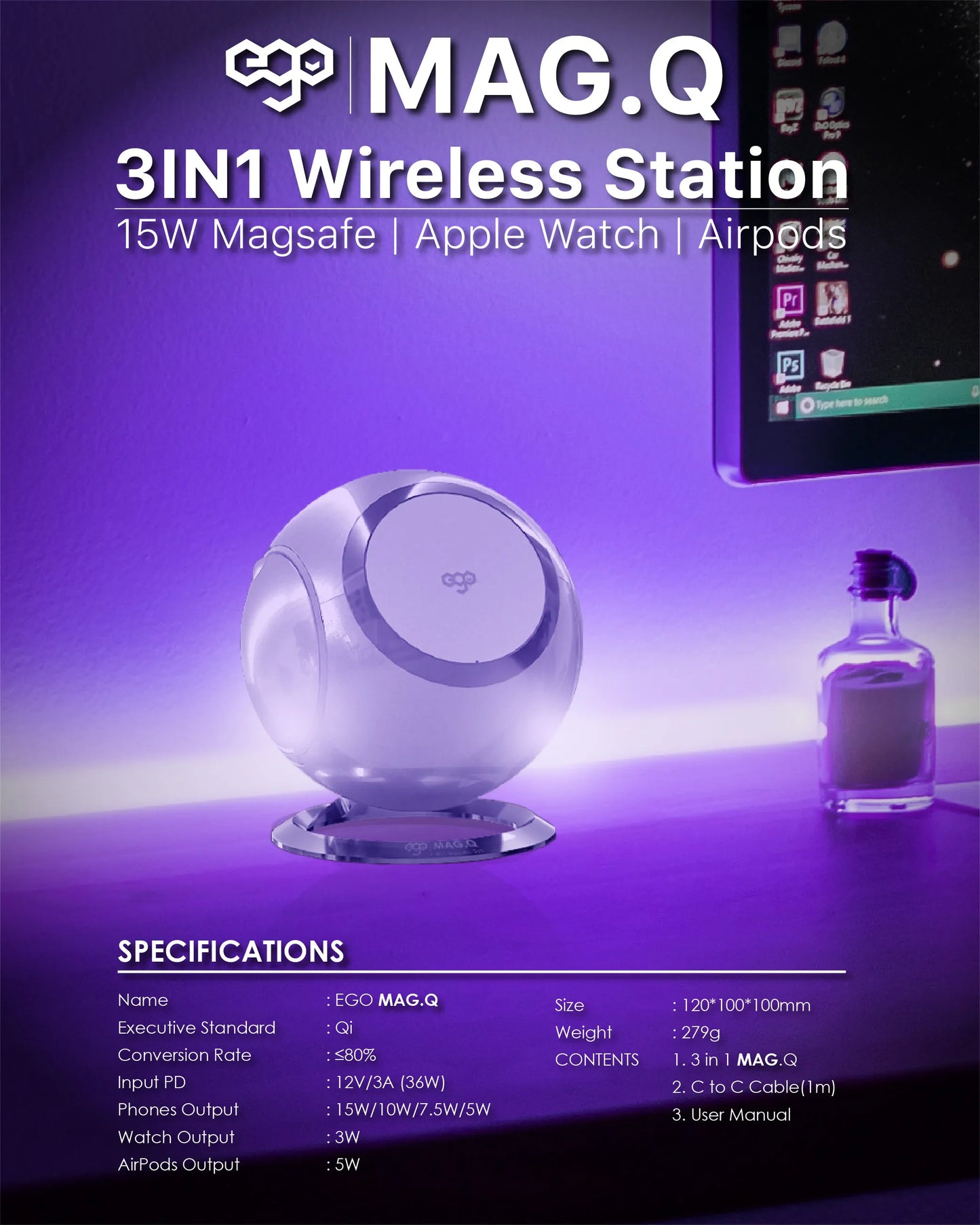 EGO Mag.Q @ 3in1 15W Magsafe 充電座