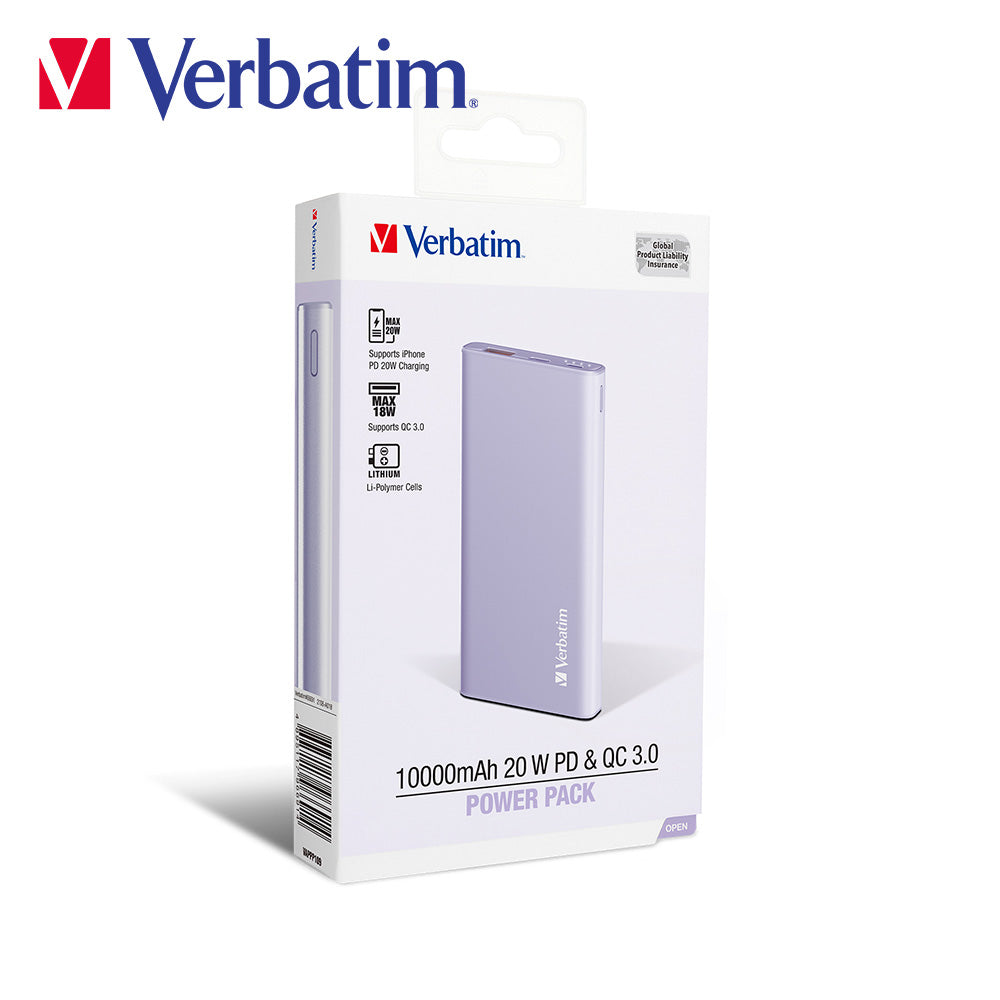 Verbatim 10000mAh 20W PD & QC 3.0 流動充電池(#66689/#66691)