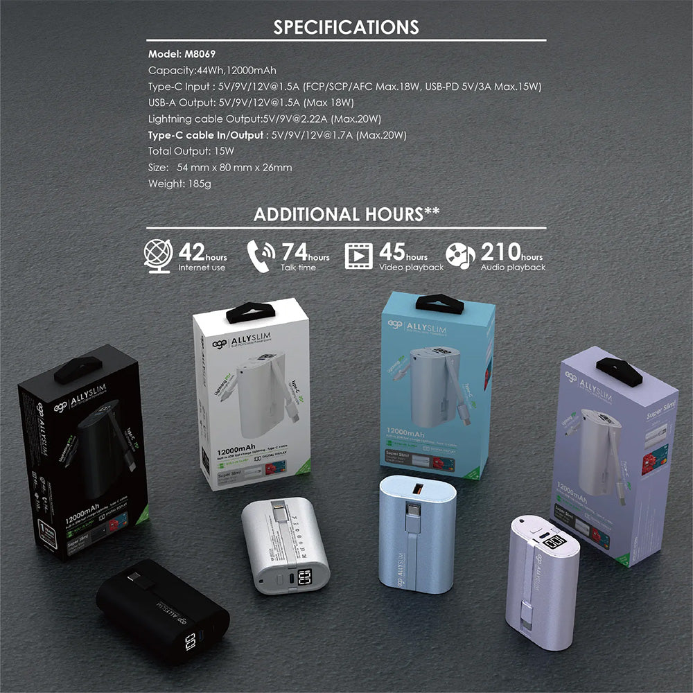 EGO AllySlim 12000mAh 內置快充線 移動電源