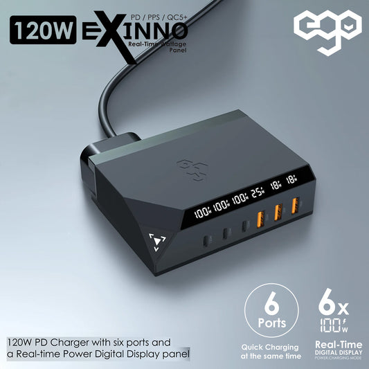 EGO EXINNO 120W 即時輸出顯示 6端 USB充電器 EX120-KR
