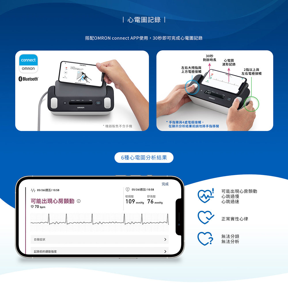 【日本製造 一年保用】Omron 兼有心電圖儀 上臂式藍牙血壓計 HCR-7800T