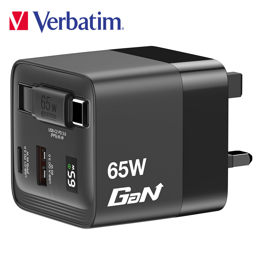 Verbatim 65W GaN 充電器連伸縮 USB-C 充電線