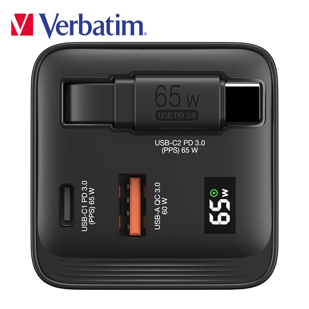 Verbatim 65W GaN 充電器連伸縮 USB-C 充電線