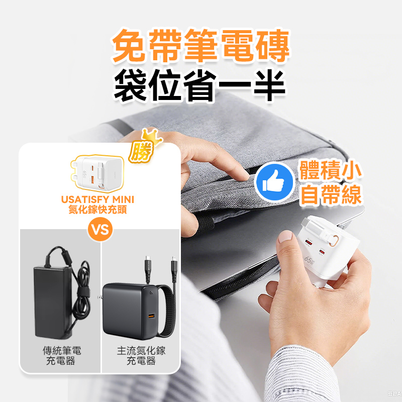 USATISFY GaN Mini65W 迷你伸縮線充電插頭