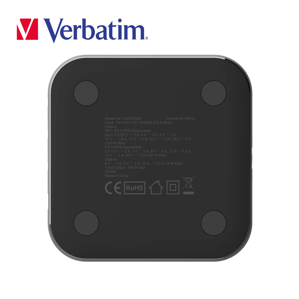 Verbatim 4 端口 150W PD & QC 3.0 GaN 充電器 (附AC電源線+直立底座)(#66910)