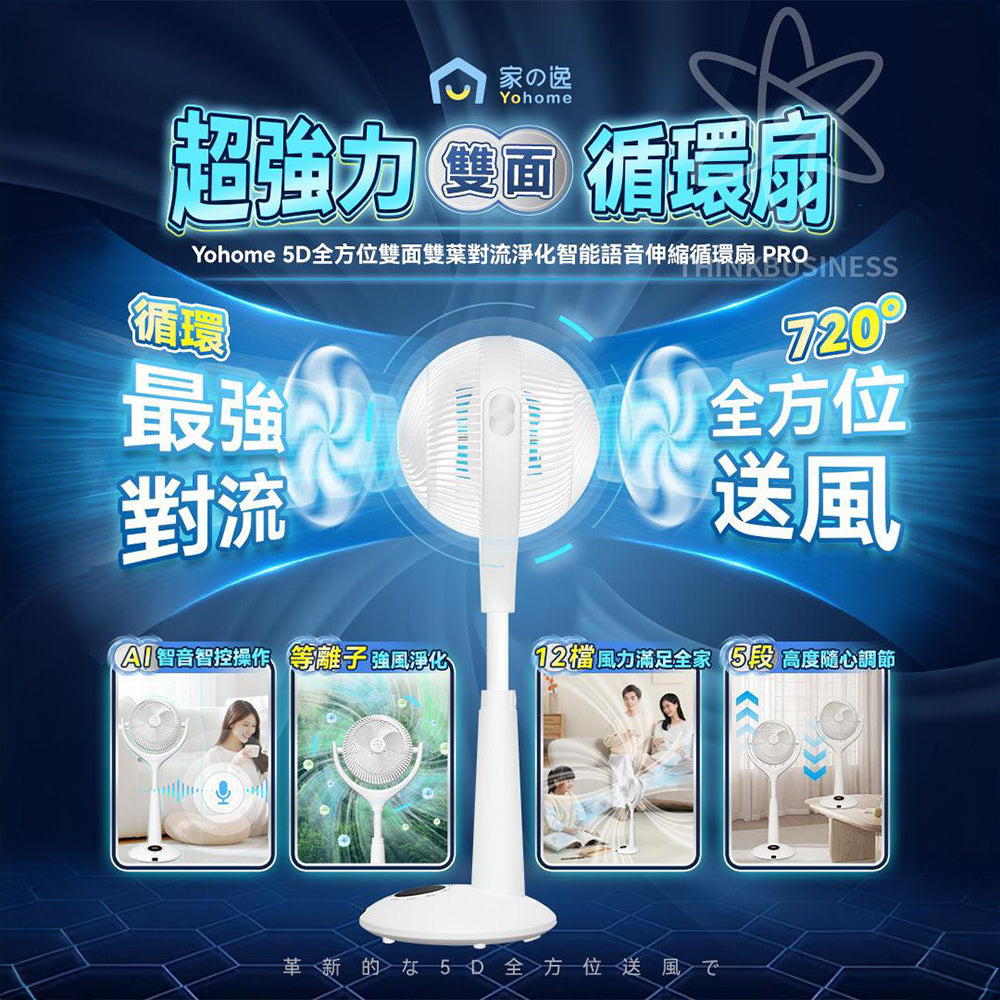 Yohome 5D全方位雙面雙葉對流淨化智能語音伸縮循環扇 PRO (快將到貨)